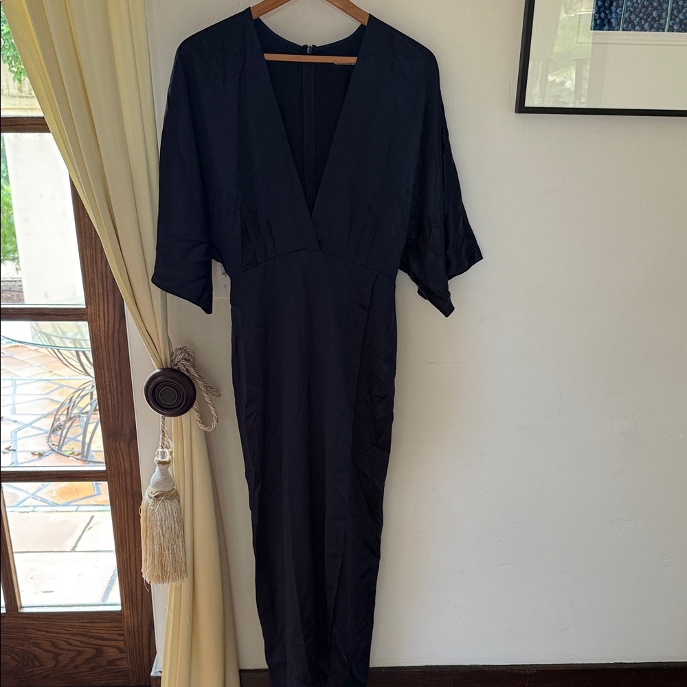Reformation Elegant navy blue satin low cut Dress